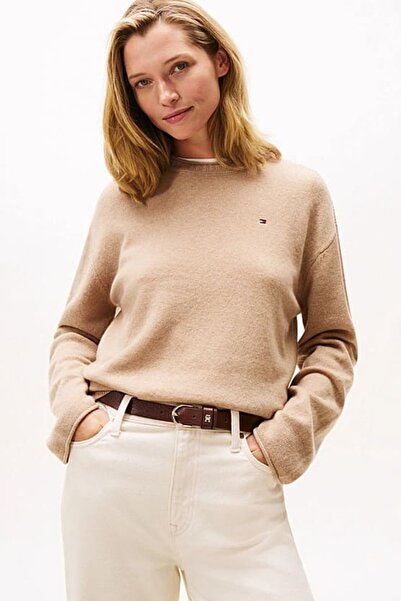 Tommy Hilfiger Kadın Soft Wool Relaxed Fit Düşük Omuz Kazak - Bej