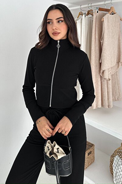 VAGGON Women's Black Zipper Closure Crop Sweat and Wide Leg Sweatpants Set Vs01567