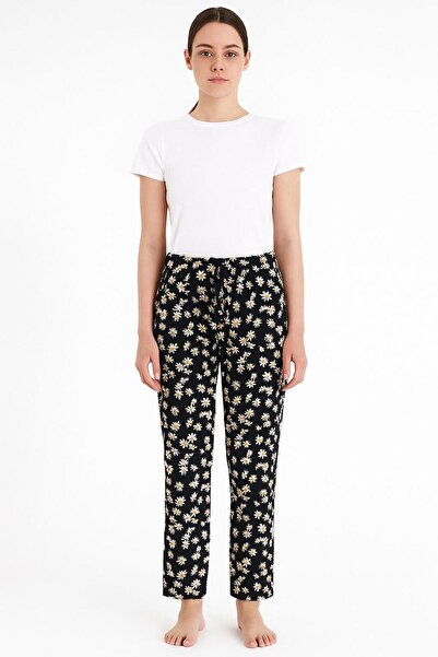 Biricik İç Giyim Kadın Siyah Çiçekli Yumuşak Polar Tek Alt, Cepli Ev Giyim, P...