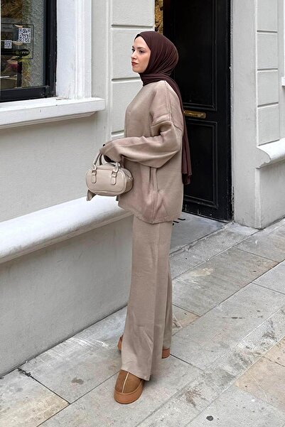 lamelif Plain Double Knitwear Hijab Set in Mink Color