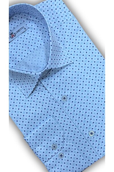 MDZ COLLECTION Çok Renkli Mavi Nokta Desenli Uzun Kollu Beyaz Slim Fit Erkek ...