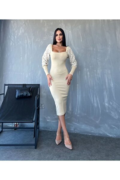 SERERO VOGUE Kadın Kare Yaka Kolları Manşet Ve Tül Detay Fırsat ürün Midi Boy...