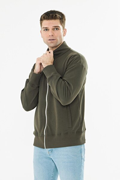 TRENDHİLL Ανδρικό μπλουζάκι από βαμβακερό φούτερ με φερμουάρ χακί 9507-H