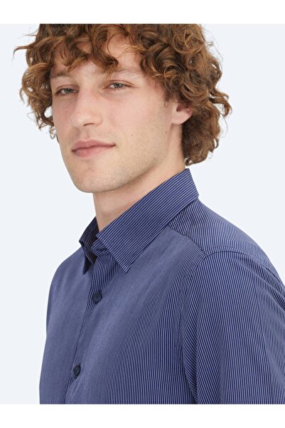 Kip Navy Blue Striped Regular Fit Woven Casual Shirt