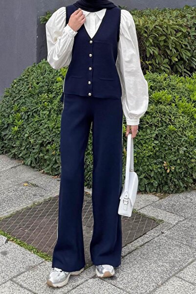 lamelif Piped Vest Set Set Navy Blue