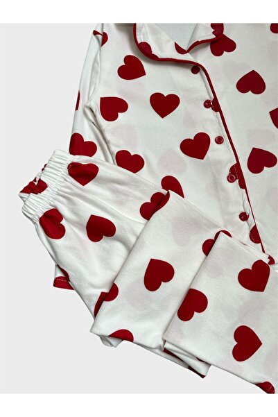 tusem butik homewear Girls' Cotton Suede Fabric White Red Heart Pattern Long Sleeve Shirt Collar Buttoned Pajama Set