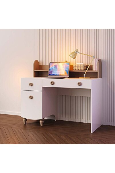 danube مكتب دراسة وخزانة ملابس للأطفال من كاراميل مع منفذ USB - درجان، باب واحد، لون أبيض وبني، من الخشب المُصمم