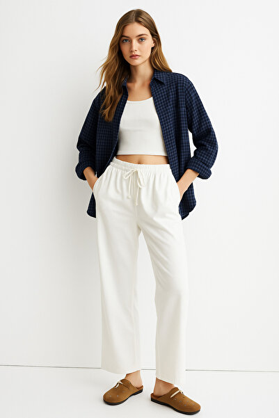 Rich Women's White High Waist Elastic Wide Leg Trousers-Multicolour 36