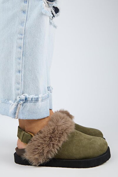 Manijero Antonella Fur Women's Genuine Leather Back Strap Platform Sabo Khaki Sandals