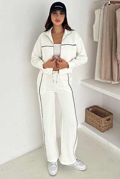 VAGGON Women's White Contrast Stitching Piece Zippered Crop Sweat and Wide Leg Sweatpants Set Vs01571