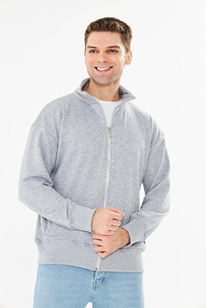 TRENDHİLL Ανδρικό μπλουζάκι από βαμβακερό φούτερ με φερμουάρ γκρι μελανζέ 9507-G