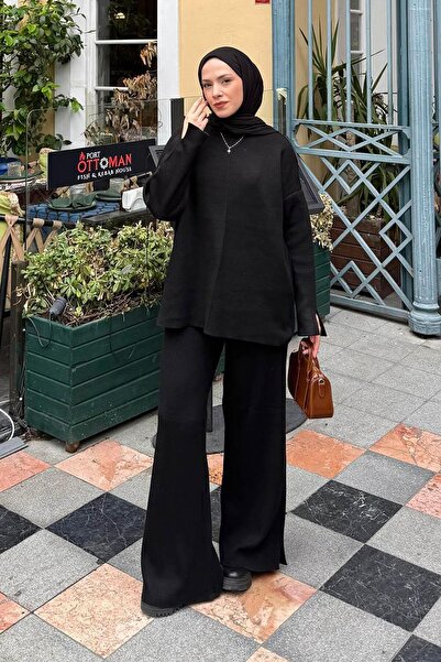 lamelif Plain Crew Neck Suit Black