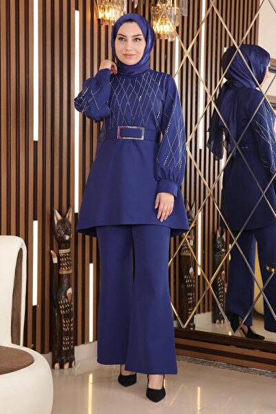 Modamihram Pearl and Stone Detailed Set Indigo Msw19116-1