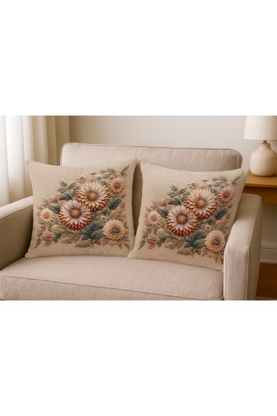 MİNOZA Digital Printed Embroidery Themed Floral Pattern Decorative Throw Pillow Case