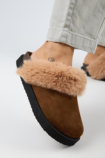 Manijero Ruzqahi Fur Women's Leather Genuine Leather Flat Platform Sabo Tan Slippers