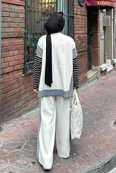 lamelif Side Striped Poncho Hijab Set Cream