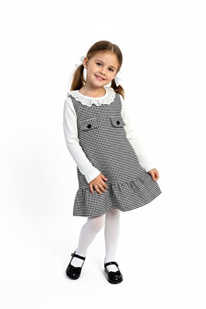 morbella Kız Çocuk Uzun Kollu Beyaz Üst Pötikare Alt Elbise Fırfırlı Bebek Ya...