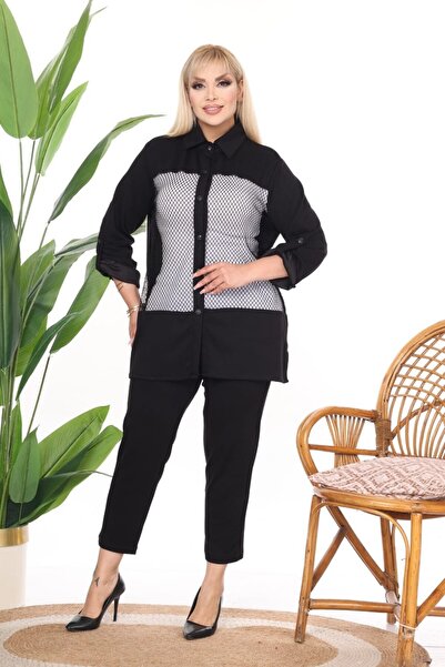 sinemisxxl Black Jacket with Mesh Detailing, Top and Bottom Two-Piece Set