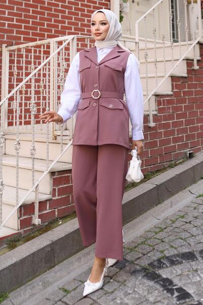 Modamihram Vest Set Set of Dusty Rose with Ornamental Pocket Detail Msw19249-3