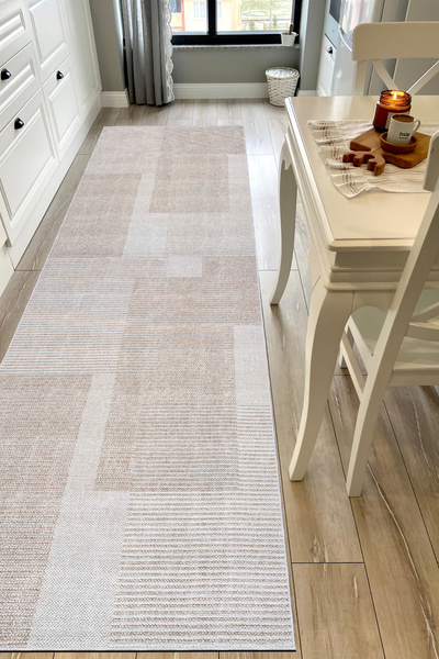 VOPTEKS Bej Halı Mutfak Halısı Makinede Yıkanabilir Halı Kaymaz Taban Halı