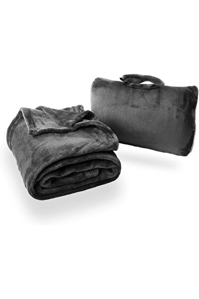 Cabeau Fold 'N Go Travel & Throw Blanket Plus with Compact Case - French Microfiber, Charcoal Black