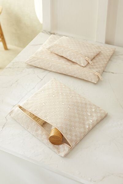 Ocean Home Textile 3'lü Su Geçirmez Pvc Astarlı Bej Dama Desen Mayo Islak Kuru Kirli Temiz Seyahat Organizer Çantası