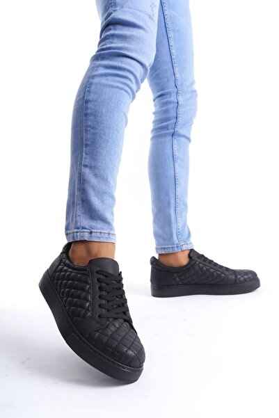 Lucy Shoes Slw166 Prestige Lace-Up Skin Quilted Patterned Men's Casual Sneaker Shoes Cst - Black