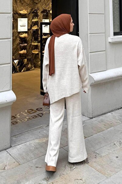 lamelif Asymmetrical Crew Neck Knitwear Set Dark Stone