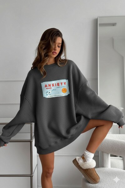 The Champ Clothing Γυναικείο φούτερ oversized Anxiety Bar με τύπωμα Smoked Melange– Crew Neck, 3 Thread Fleece