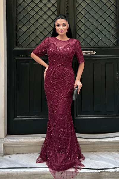 giyimmasalı Full Boncuklu Kumaş Tasarım Elbise - BORDO