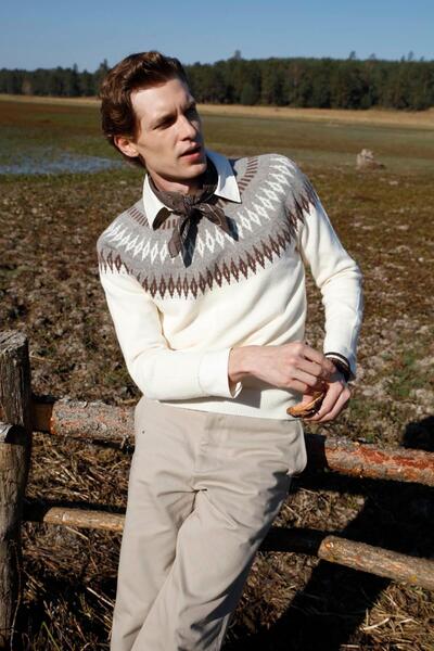 Desen Triko Men's Crew Neck Robe Cashmere Wool Sweater Bone