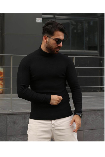 RANESA Black Ribbed Knit Turtleneck Stretch Fabric Sweater