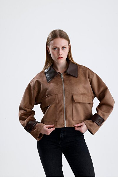 VAPUR TEKSTİL Leather Detailed Zippered Short Suede Jacket - Mink