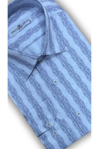 MDZ COLLECTION Açık Mavi Şeritleri Desenli Uzun Kollu Slim Fit Erkek Gömlek