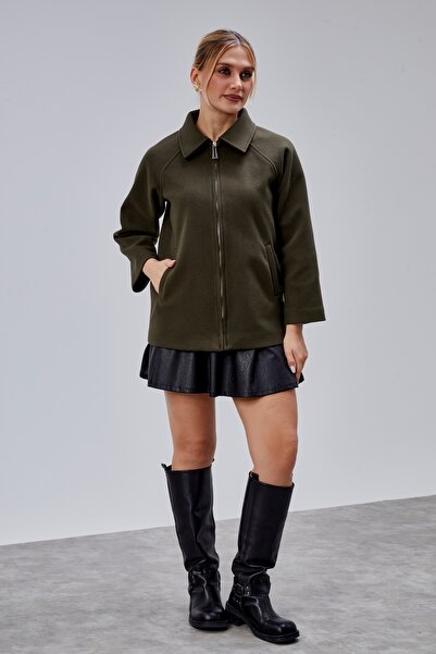 Bolivente Khaki Oversized Zippered Cashmere Jacket