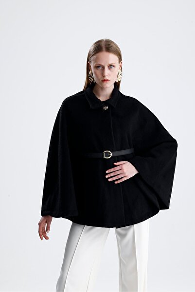 VAPUR TEKSTİL Leather Belted Cashmere Poncho - Black