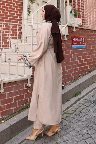 Modamihram Ethnic Patterned Kimono Set Beige Msw19251-5