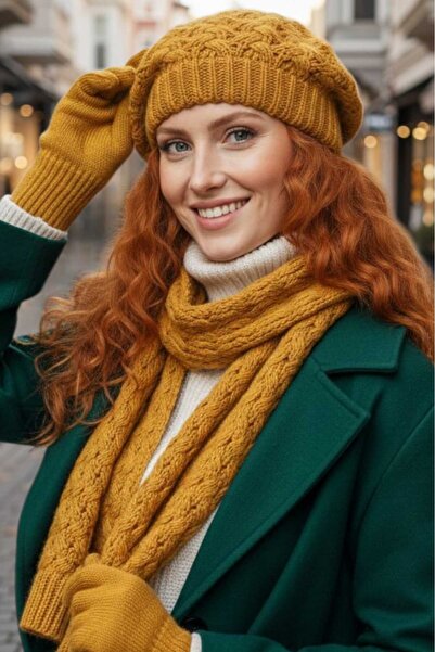 Mood Agenda Women's 3-Piece Knitted Patterned Beanie Scarf Gloves Set