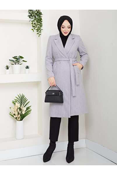nisanurfashion Palton gri de damă cu curea