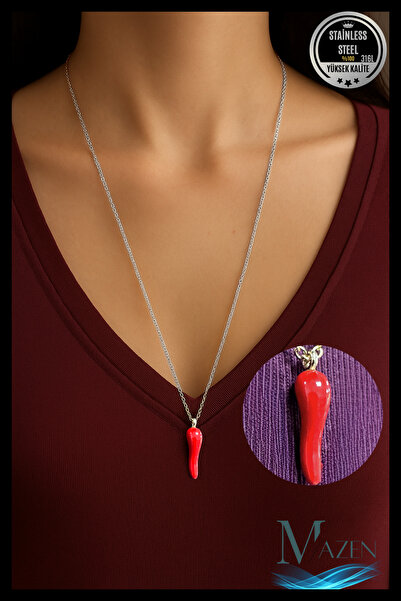 MAZEN قلادة الفلفل الأحمر |   فولاذ 316L |   سلسلة 60 سم |   إكسسوارات مجوهرا...