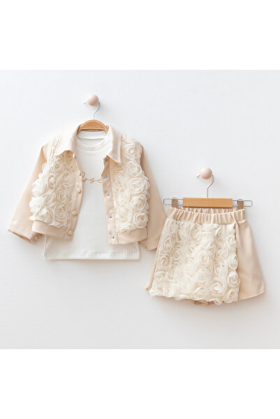My Lusa Baby Bingül Girl's 3-Piece Rose Detailed Set – Jacket, Combed Cotton and Shorts |   2-5 Years Old