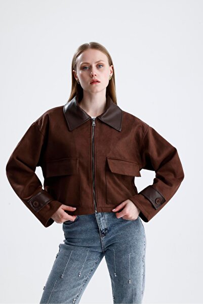 VAPUR TEKSTİL سترة قصيرة من الجلد المدبوغ مع تفاصيل جلدية وسحاب - بني