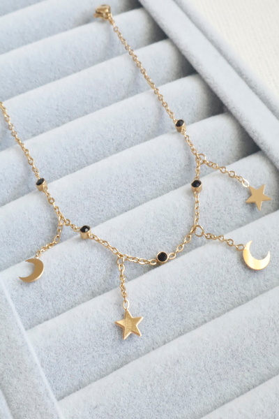 DEMOKAN Women's Steel Anklet Dangle Crescent Star Black Zircon Stone Non-Tarnish Anklet