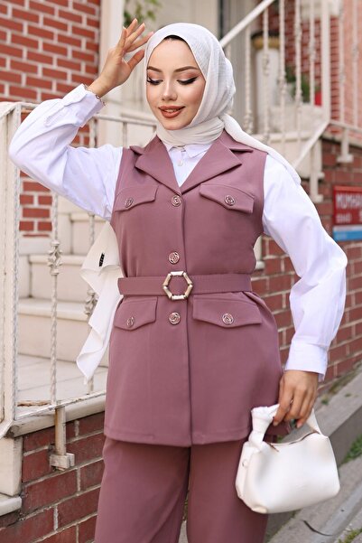 Modamihram Vest Set Set of Dusty Rose with Ornamental Pocket Detail Msw19249-3