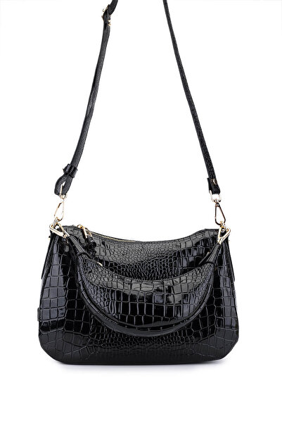 Tamer Tanca حقيبة كتف نسائية من الجلد الصناعي باللون الأسود على شكل تمساح