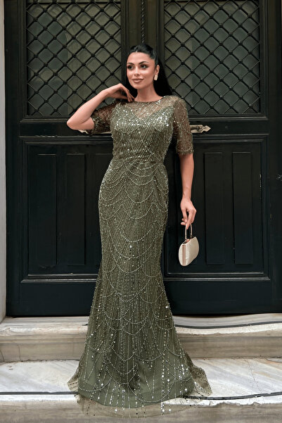 giyimmasalı Φόρεμα με σχέδιο από ύφασμα με χάντρες - ΧΑΚΙ ΠΡΑΣΙΝΟ