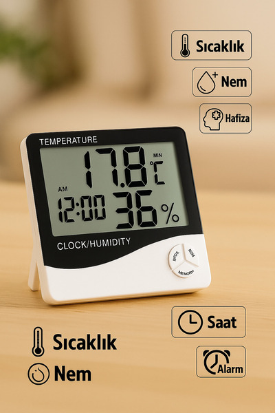 SYN AKSESUAR Dijital Sıcaklık ve Nem Ölçer Masa Saati, Alarmlı, Dijital Oda T...