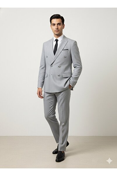 SÜVARİ Slim Fit Striped Gray Men's Double-Breasted Collar Suit