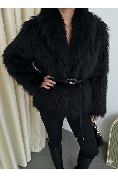 A&O Style Women's Oversized Comfortable Fit Collared Furry Soft Textured Belted Fur Coat