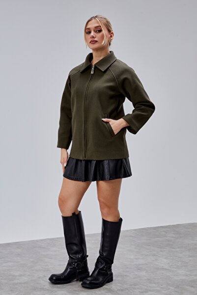 Bolivente Khaki Oversized Zippered Cashmere Jacket